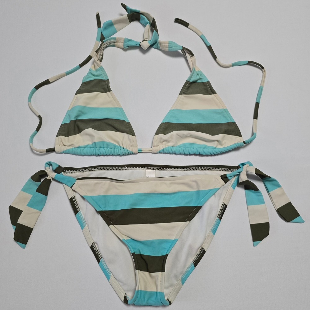 Arizona Women Size L String Bikini Green Aqua Cream Striped Halter 2 Piece Set